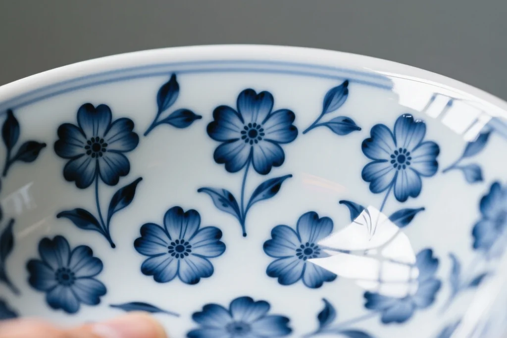 Dekoratorka odbijająca wzór drewnianym stemplem na bolesławieckim naczyniu ceramicznym