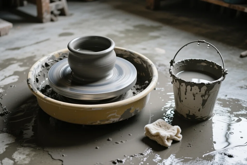 Ręce garncarza wyrabiające bryłę gliny na porowatej płycie w pracowni ceramicznej
