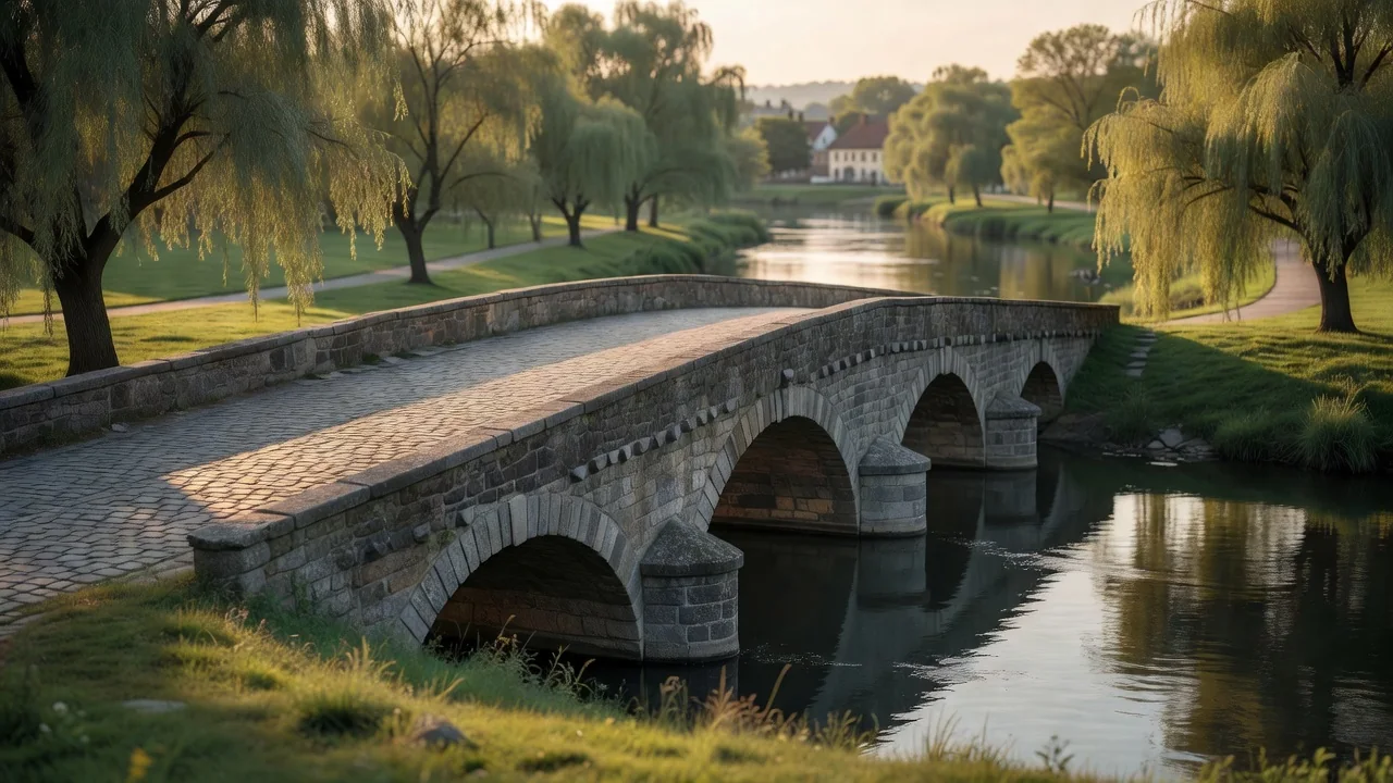 Widok z kładki dla pieszych na Bóbr i stare browary w Bolesławcu