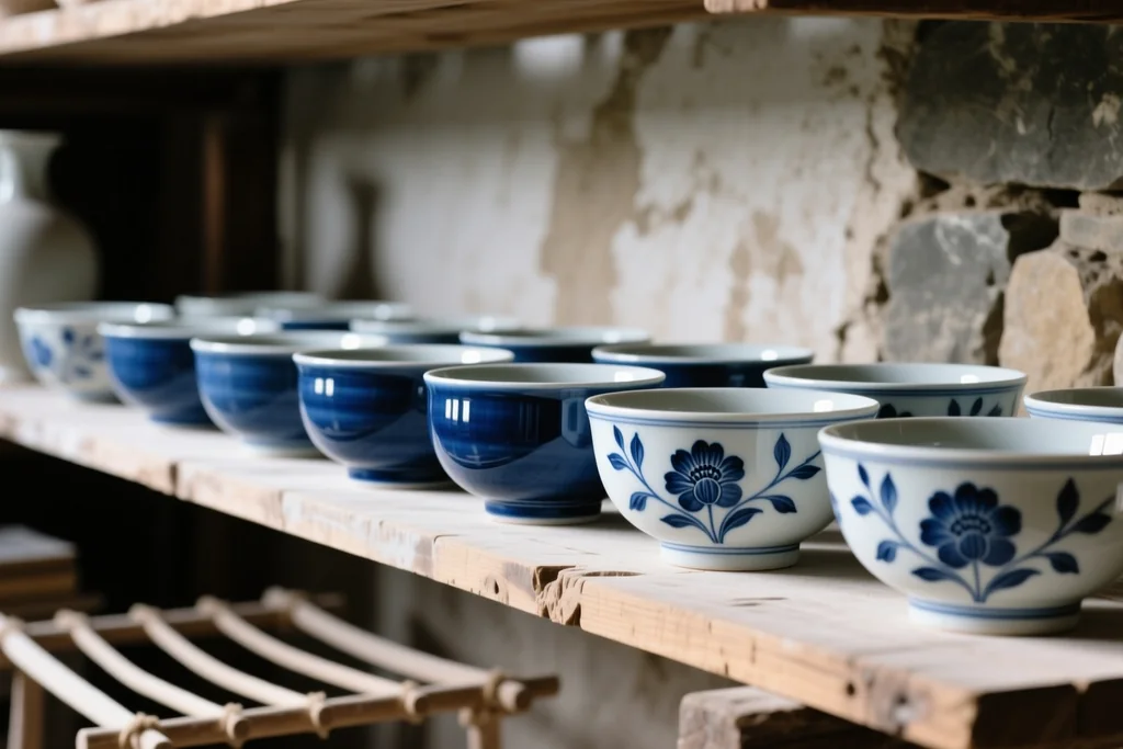 Naczynia ceramiczne pokrywane szkliwem przed wstawieniem do pieca w pracowni