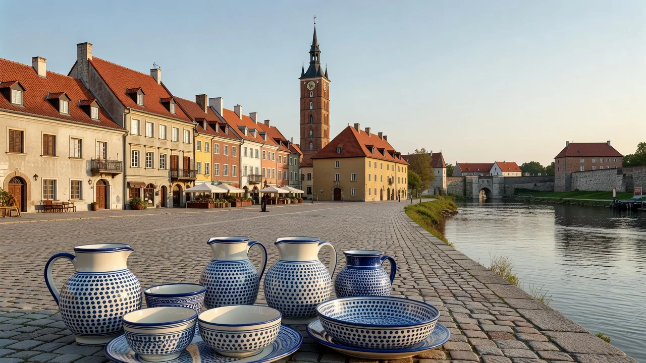 Widok na ratusz i kamienice przy Rynku w Bolesławcu w ciepłym popołudniowym świetle